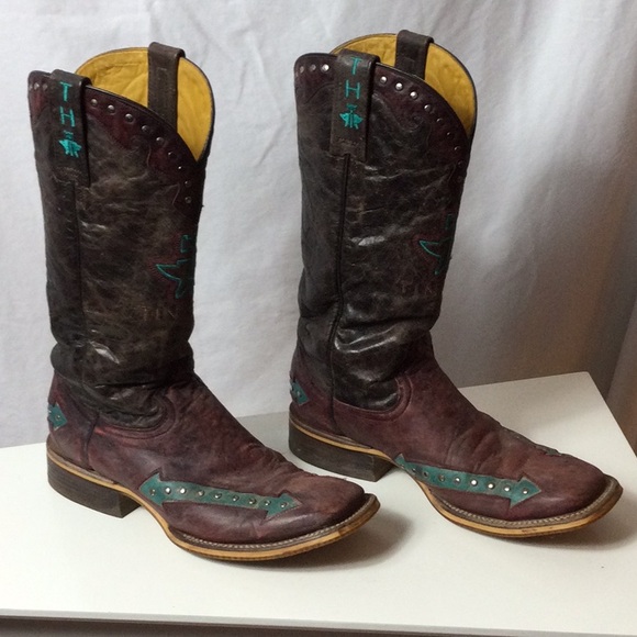 Tin Haul Arrowhead Dark Brown and Burgundy Boots with Teal Stitching - Picture 5 of 12